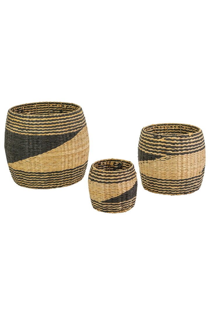 Set Of 3 Round Black And Natural Seagrass Baskets