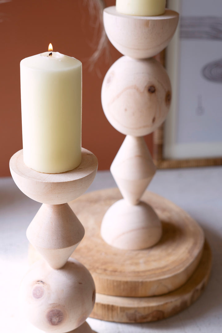 Set Of 2 Turned Wood Candle Towers