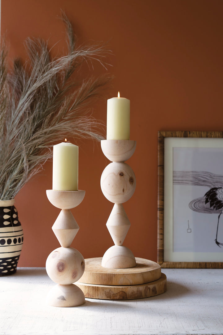 Set Of 2 Turned Wood Candle Towers