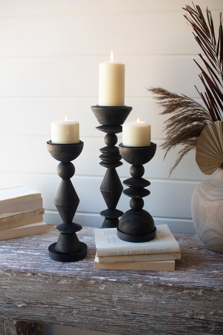 Set Of 3 Black Turned Wood Candle Holders