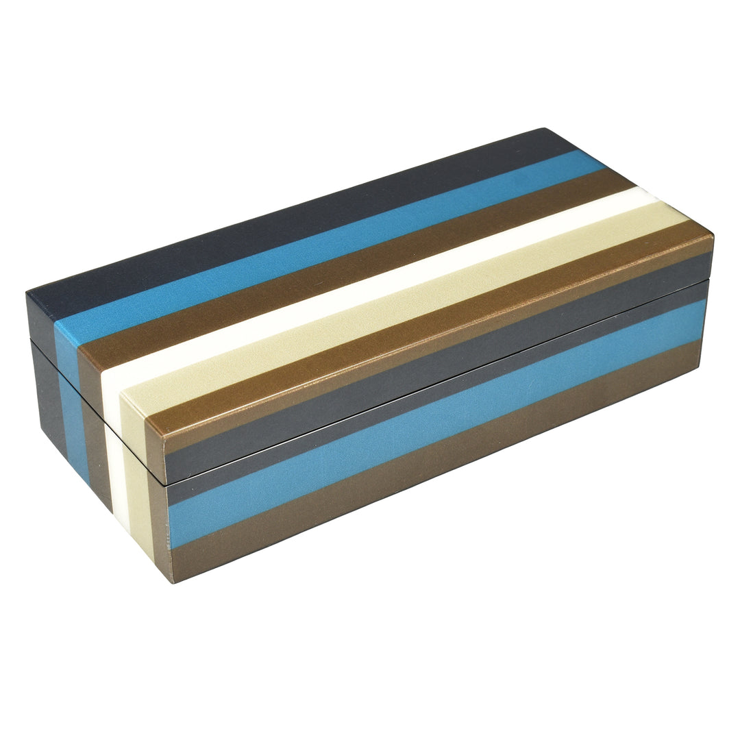 Lacquer Long Pencil Box (Blue, Dark Brown, Taupe and White Stripe)