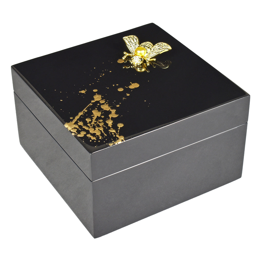 Lacquer Small Square Box (Black with Artful Gold and Bee Handle)