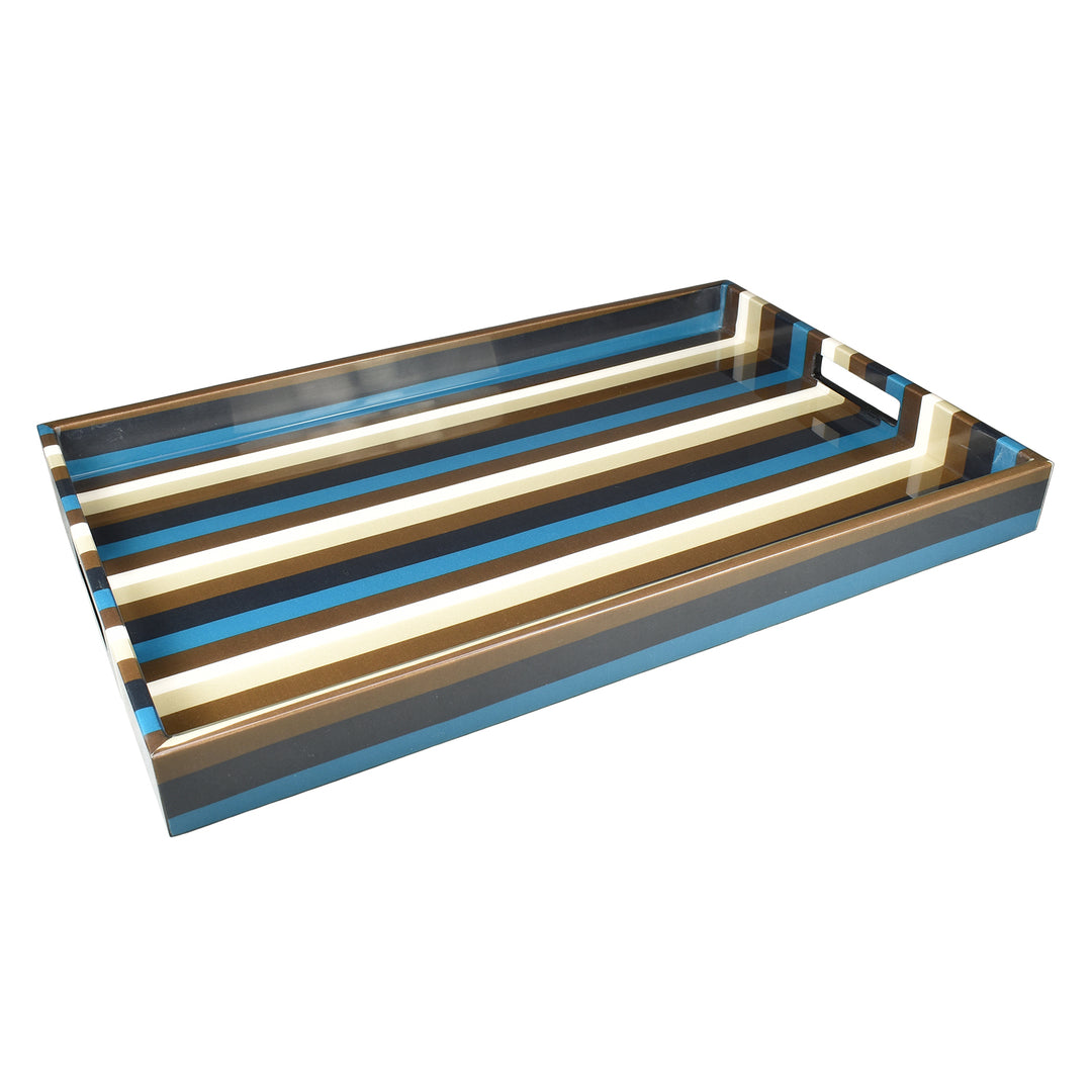 Lacquer Rectangle Tray 22" (Blue, Dark Brown, Taupe and White Stripe)