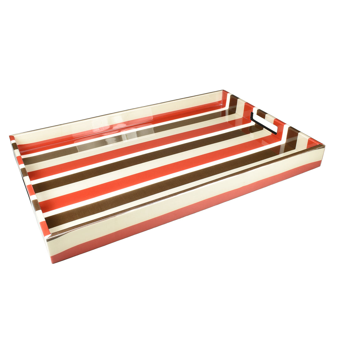 Lacquer Rectangle Tray 22" (Red, Taupe, Dark Brown and White Stripe)