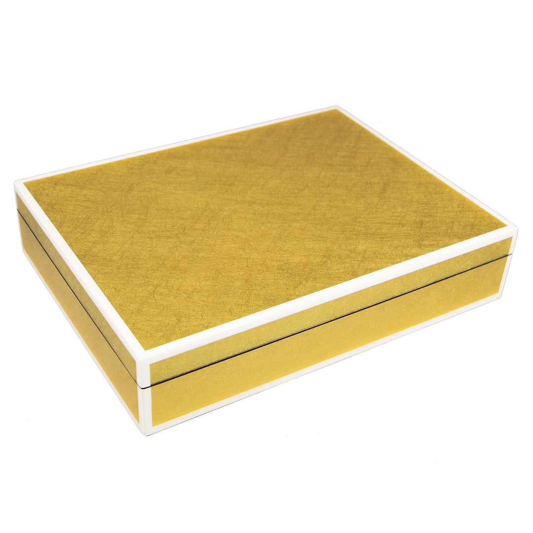 Lacquer Long Stationery Box (Shine Gold Leaf with White Trim)