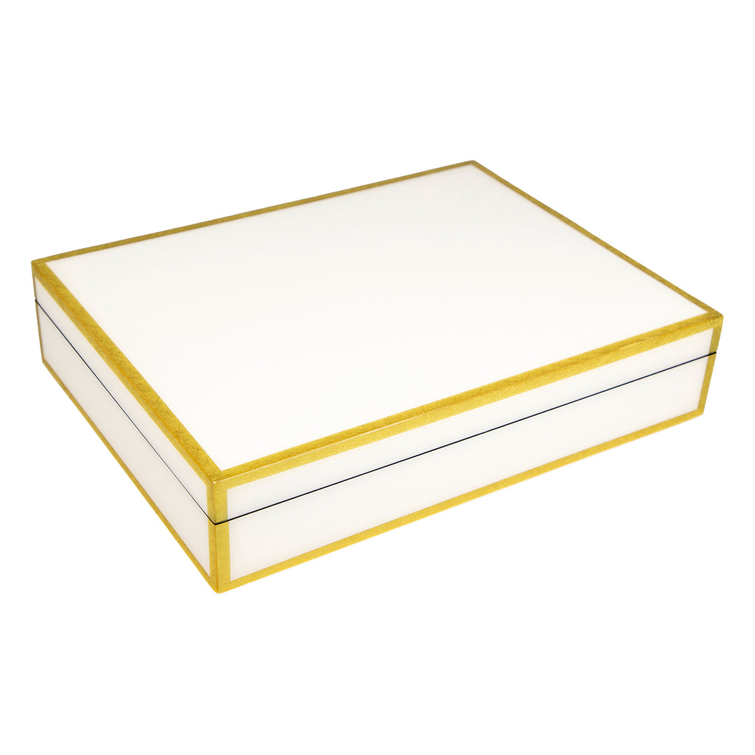 Lacquer Long Stationery Box (White with Shine Gold Leaf Trim)