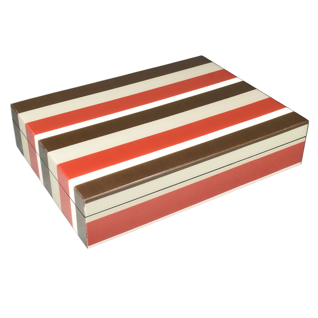 Lacquer Long Stationery Box 12.5 x 9.5 (Red, Taupe, Dark Brown and White Stripe)