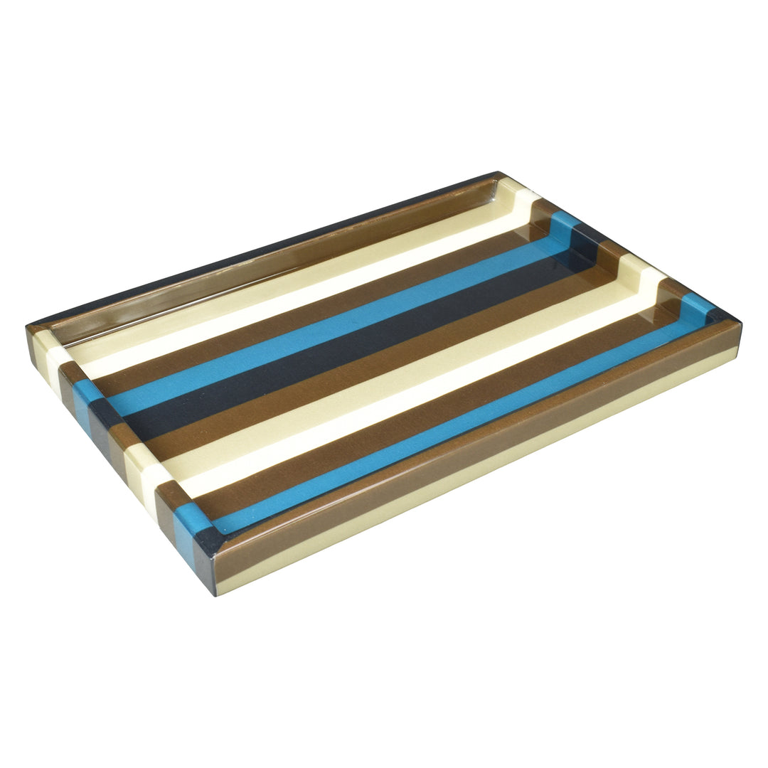 Lacquer Vanity Tray (Blue, Dark Brown, Taupe and White Stripe)
