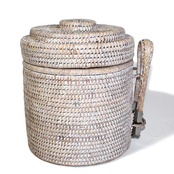 White Wash Rattan Ice Bucket Round w/ Liner