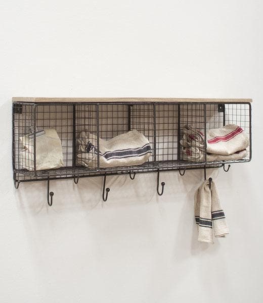 Wood And Metal Wire Cubby Wall Shelf With Hooks