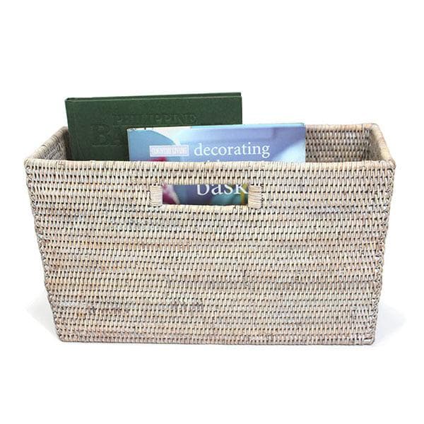 White Washed Rattan Slim Magazine Basket