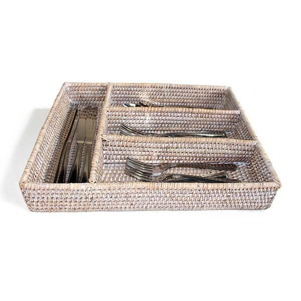 White Washed Rattan Tray Flatware Compartment - Hudson & Vine