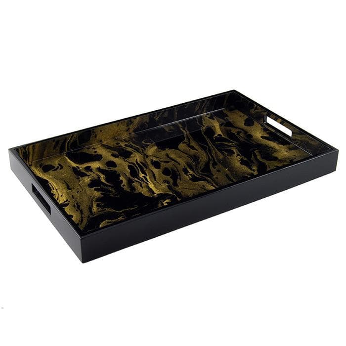 Lacquer Rectangle Tray - Black & Gold Marble