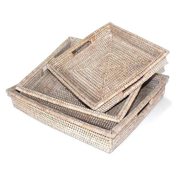 White Washed Rattan Tray Square Set/3 w/ Handles