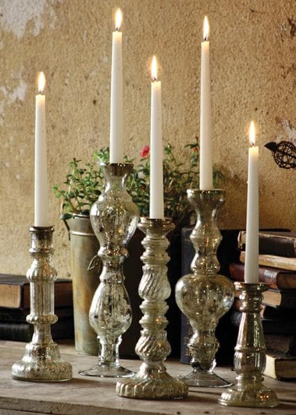 Antiqued Silver Glass Taper Candle Holders