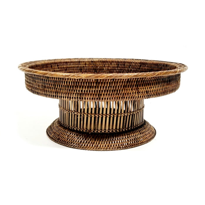 Rattan Antique Brown Round Large Footed Fruit Tray 18"