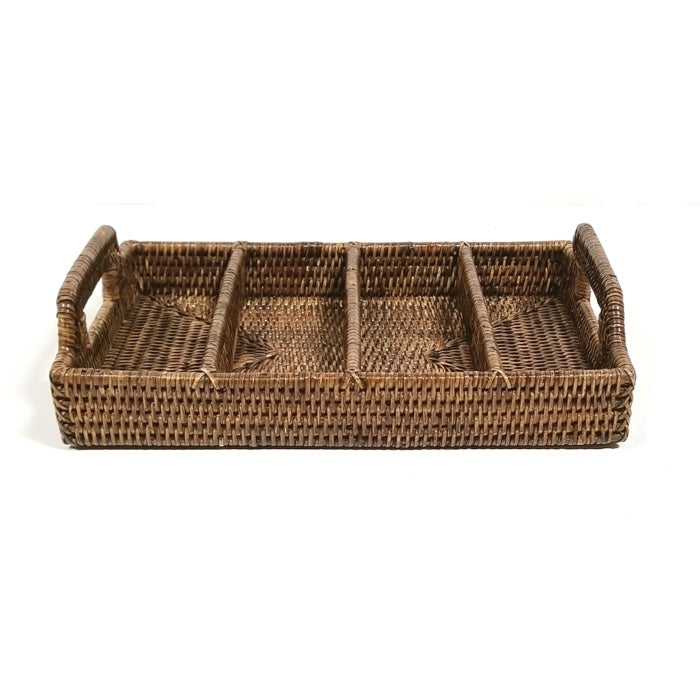 Rattan Antique Brown 4 Compartment Flatware Tray Handle