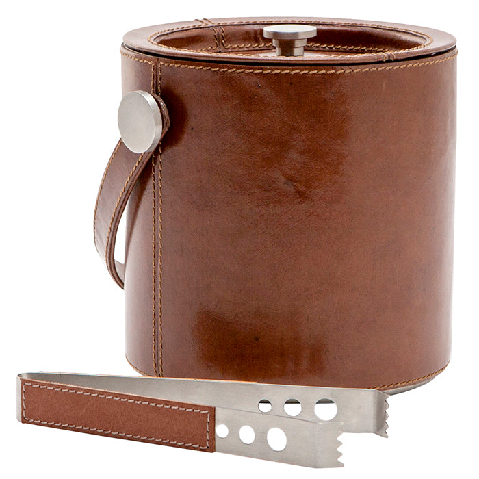 Bristol Full-Grain Leather Ice Bucket W/ Tongs (Tobacco)