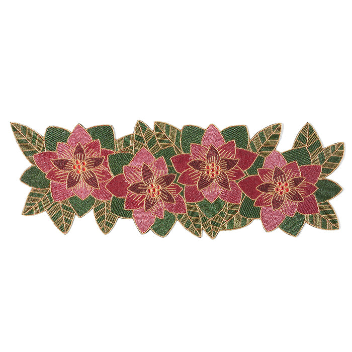 Marissa Poinsettia Décor Glass Beads Table Runner 36.5"