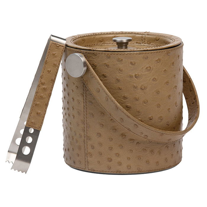 Witney Full-Grain Leather Ice Bucket and Tongs (Oat Brown Ostrich)
