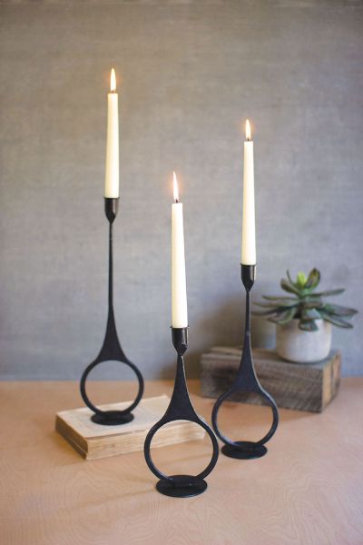 Cast Iron Taper Candle Holders With Ring Detail Set/3