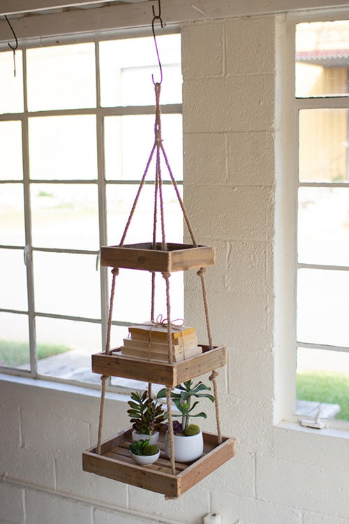 Hanging Three Tiered Square Recycled Wood Display With Jute Rope