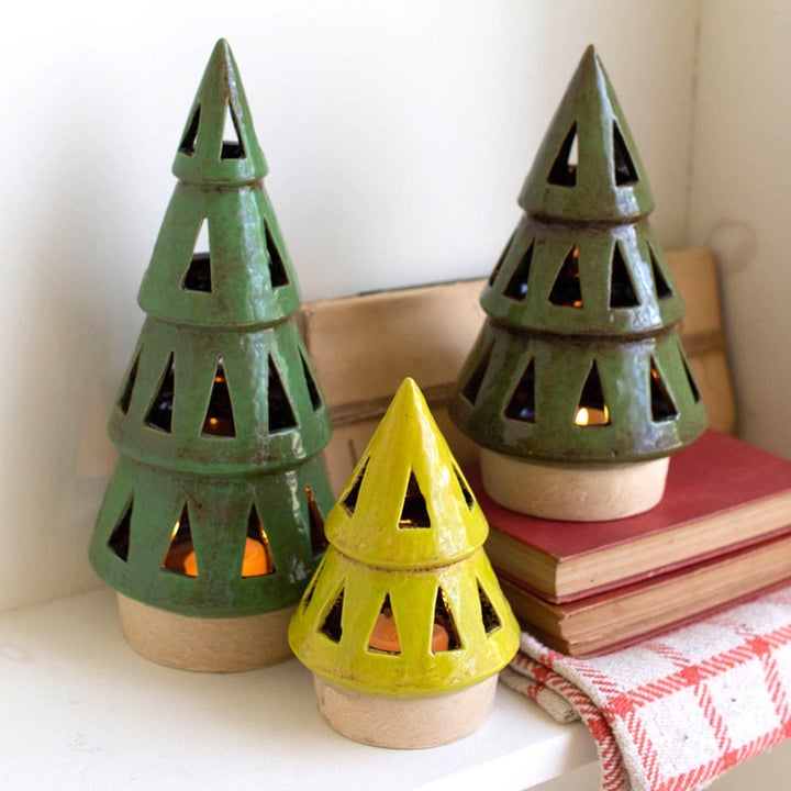 Set Of 3 Ceramic Christmas Tree Lanterns
