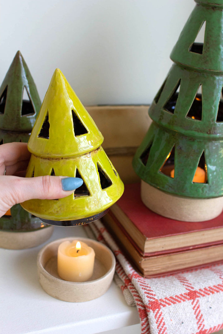 Set Of 3 Ceramic Christmas Tree Lanterns