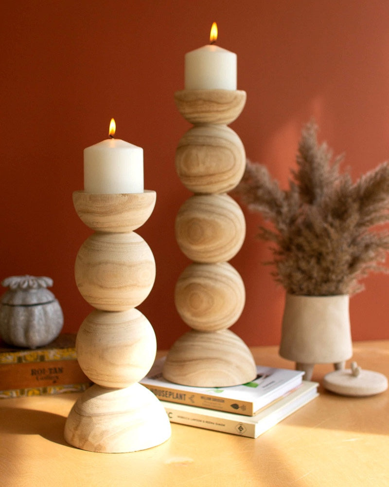 Set Of 2 Hand Carved Wooden Stacked Ball Candle Holders