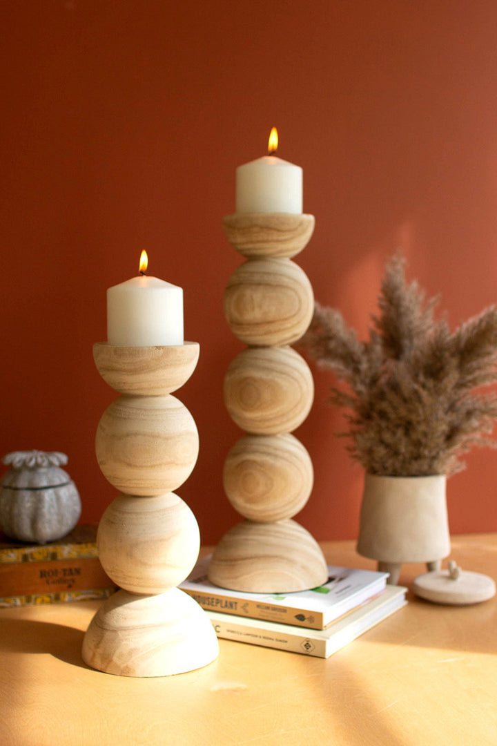 Set Of 2 Hand Carved Wooden Stacked Ball Candle Holders