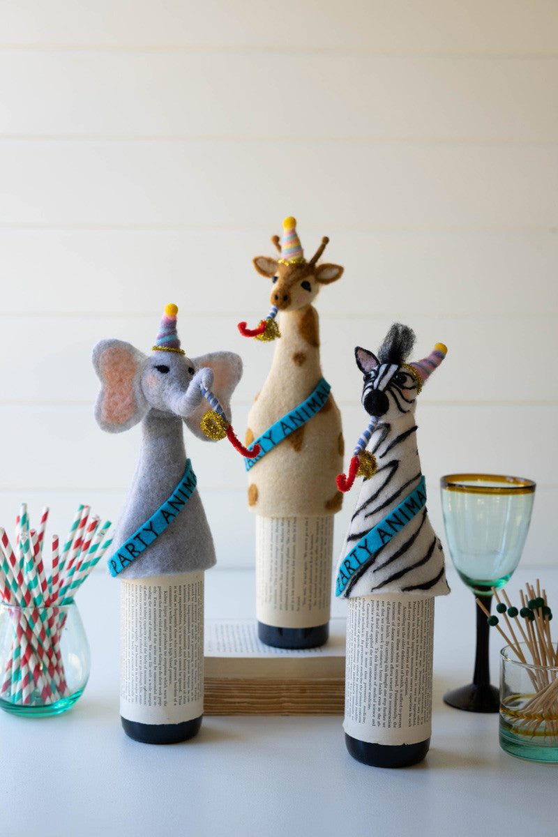 Set Of 3 Felt Party Animal Bottle Toppers