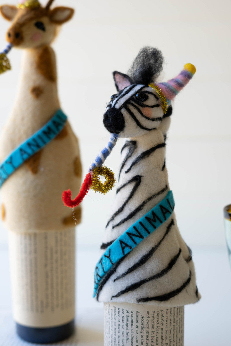 Set Of 3 Felt Party Animal Bottle Toppers