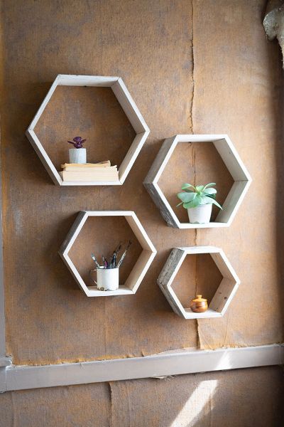 Recycled White-Washed Wood Hexagon Wall Shelves Set Of Four