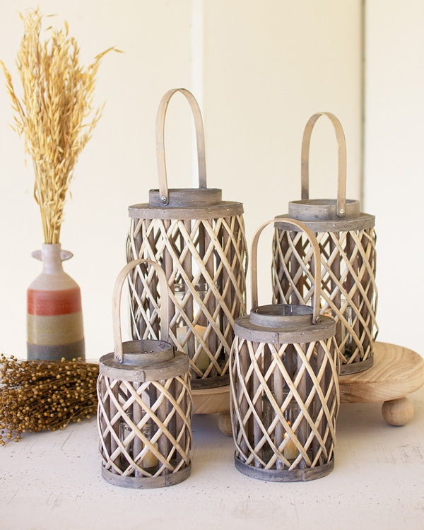 Set Of 4 Grey Willow Cylinder Lanterns With Glass Inserts