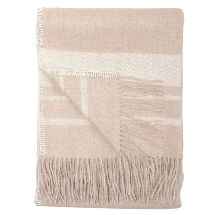 Andes Stripes Blanket Stitch on Sides Baby Alpaca Throw (Tan & Cream)