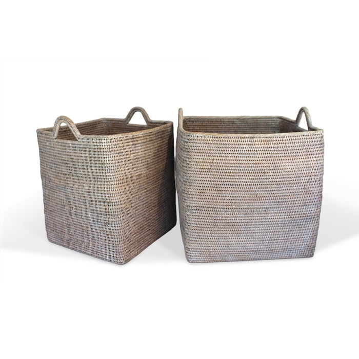 White Wash Rattan Square Set  of 2 Nested Baskets w/ Loop Handles