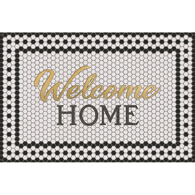Vintage Vinyl Floorcloth Mosaic Customized Mat – 8th Avenue w/ Gold script 24x36 (Welcome Home)