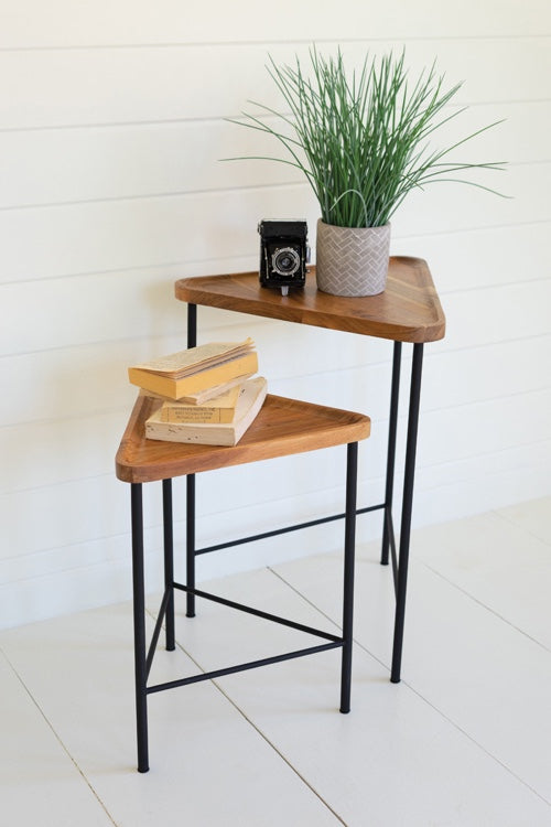 Set Of 2 Triangle Acacia Wood Side Tables With Iron Bases