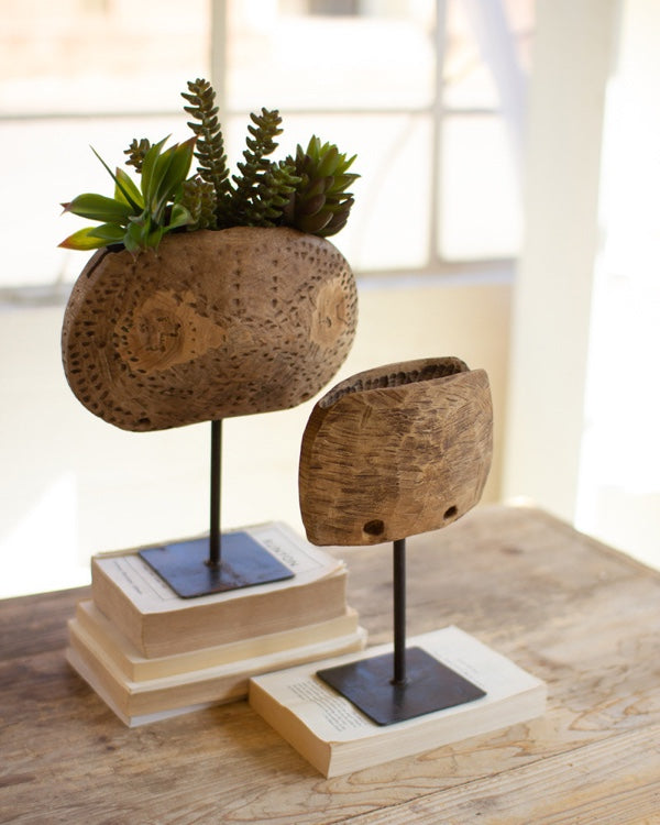 Repurposed Wooden Cow Bell Planters On Iron Stands Set/2