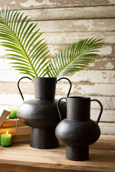 Waxed Black Metal Urns With Handles Set Of Two