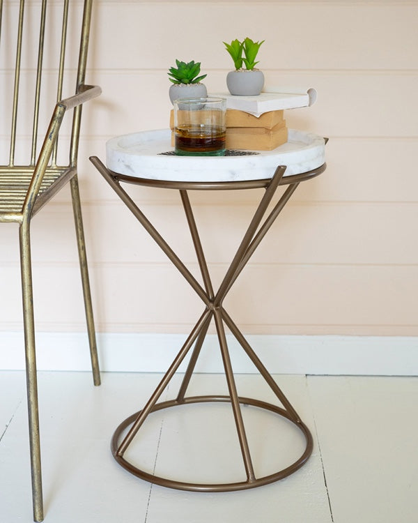 Iron Hour Glass Side Table With Marble Top