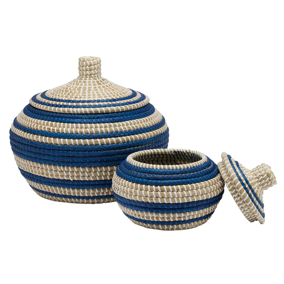 Arley Seagrass Baskets With Lid (Blue/Natural) Set/2