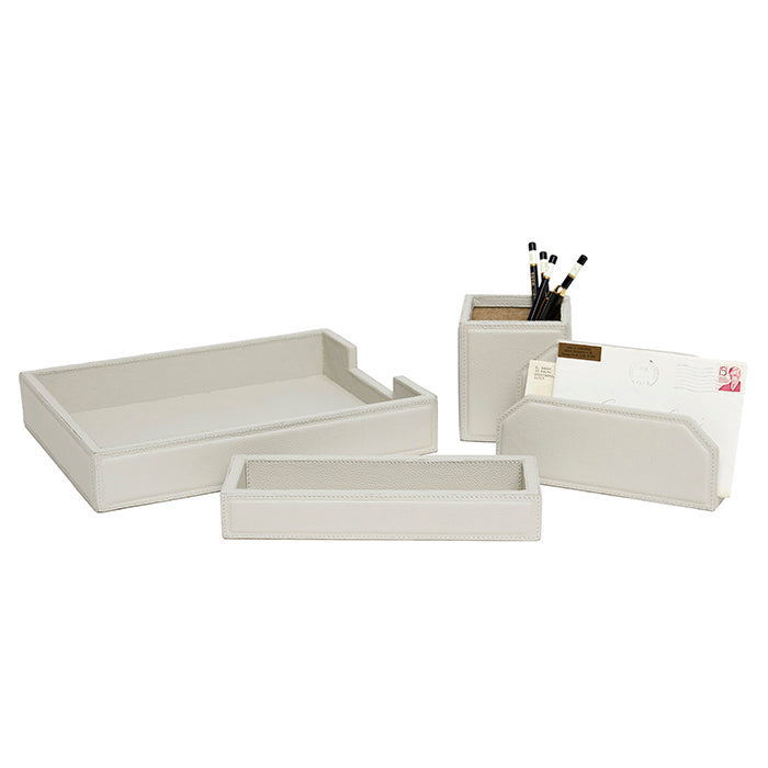 Asby Light Gray Full-Grain Leather Office Accessory Set/4