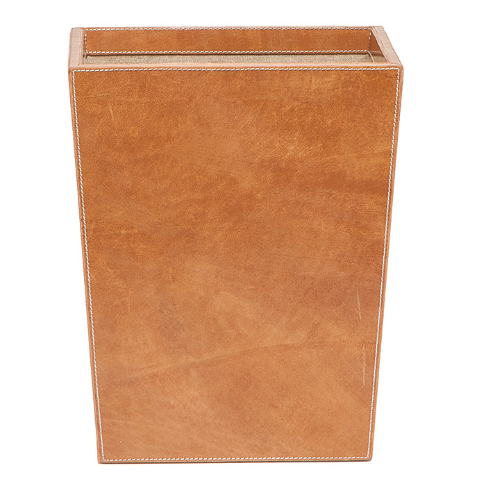 Leon Caramel Leather Rectangle Waste Basket, Tapered