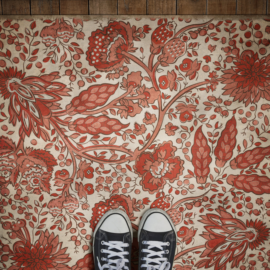 Vintage Vinyl Floorcloth Mat (Williamsburg - Garden Gate - A Bird came down the Walk)