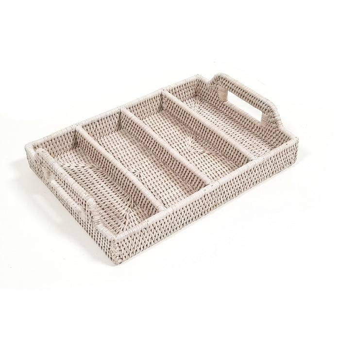 Rattan 4 Compartment Flatware Tray Handle (White Wash)