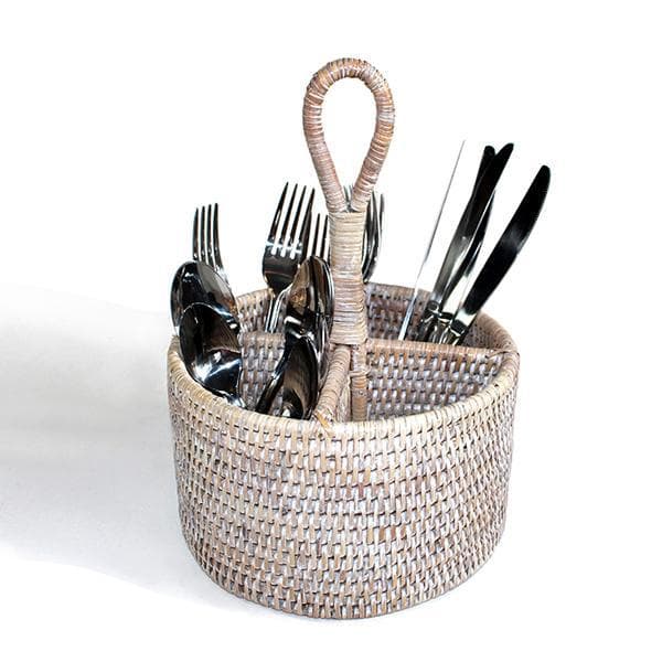 White Washed Rattan Round Utensil Caddy Basket - Hudson & Vine