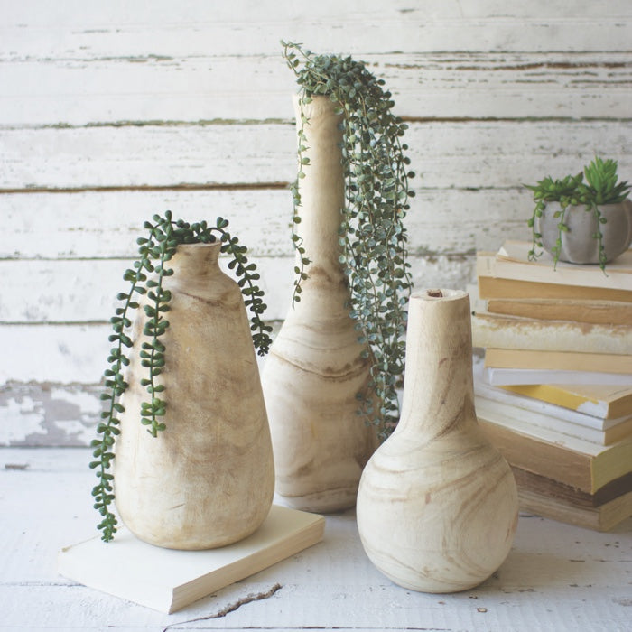 Hand Carved Tall Wooden Bottles Set Of Three