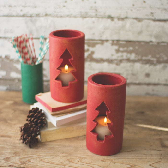 Red Clay Christmas Tree Luminary Set/6