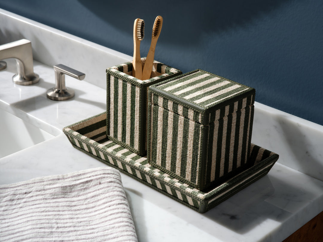 Franklin Emerald Striped Cotton Jute/Forest Leather Bathroom Accessories